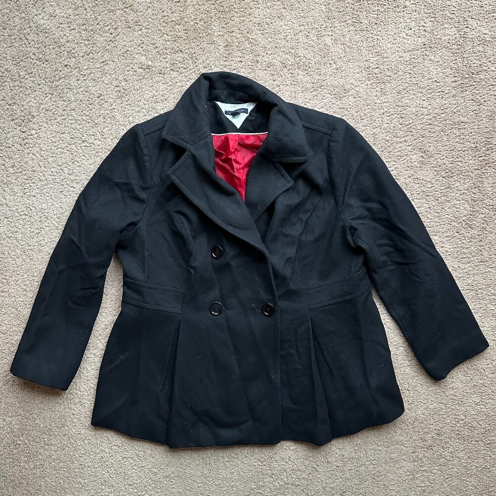 Tommy Hilfiger Pea Coat Womens 1X Double Breast Black Wool Poly Blend Pockets